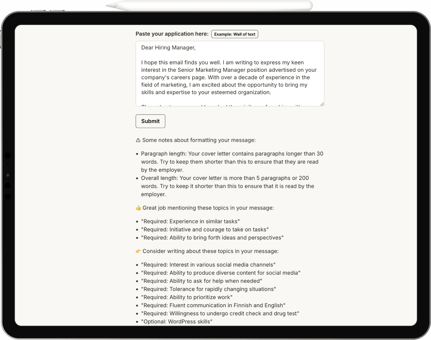 Build Cover Letter Tool Interface